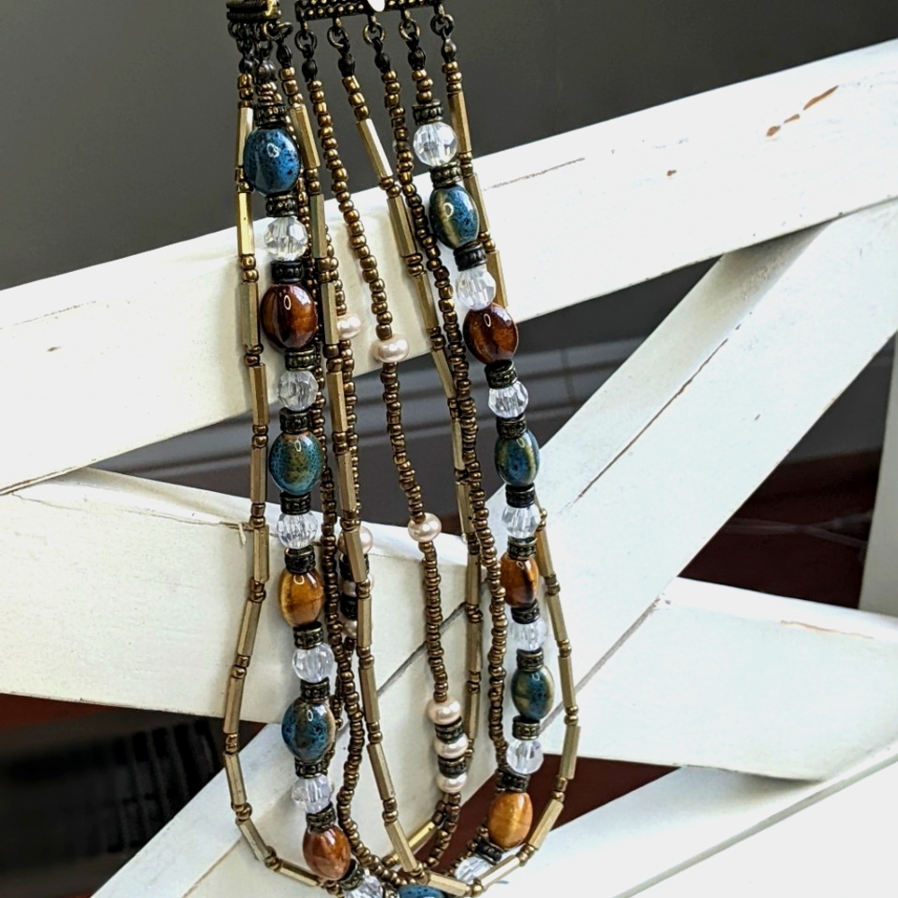 Vintage Premier Designs 5 strand gold tones and Glass Beads Boho Necklace